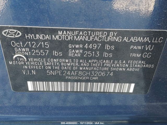 Photo 8 VIN: 5NPE24AF8GH320674 - HYUNDAI SONATA 