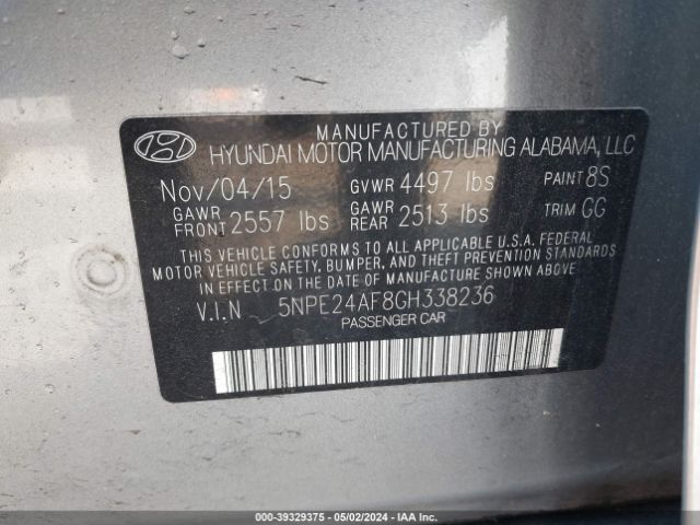 Photo 8 VIN: 5NPE24AF8GH338236 - HYUNDAI SONATA 