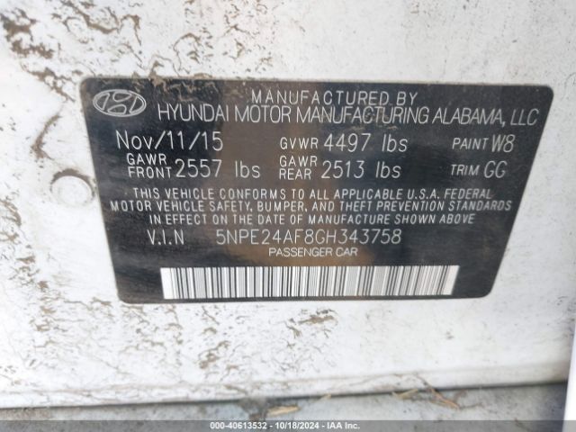 Photo 8 VIN: 5NPE24AF8GH343758 - HYUNDAI SONATA 