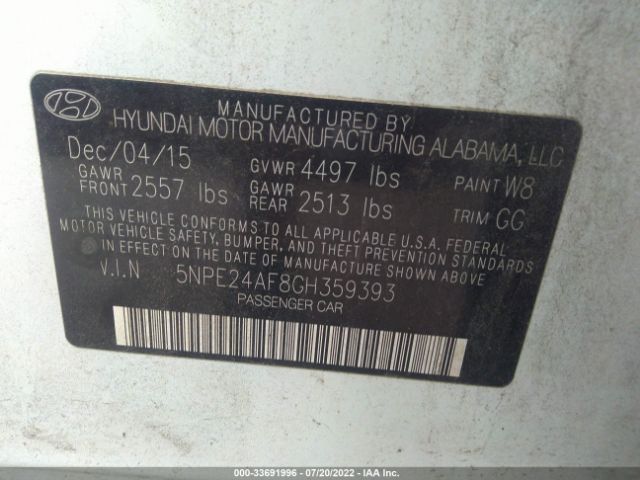 Photo 8 VIN: 5NPE24AF8GH359393 - HYUNDAI SONATA 