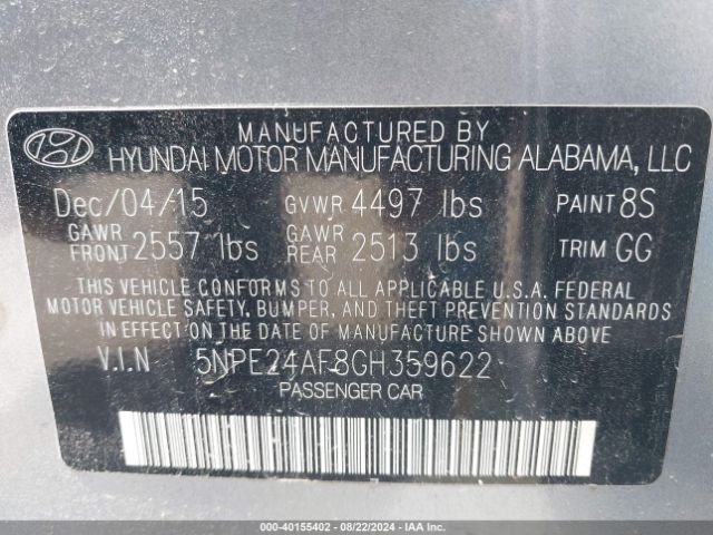 Photo 8 VIN: 5NPE24AF8GH359622 - HYUNDAI SONATA 