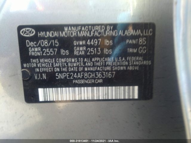 Photo 8 VIN: 5NPE24AF8GH363167 - HYUNDAI SONATA 