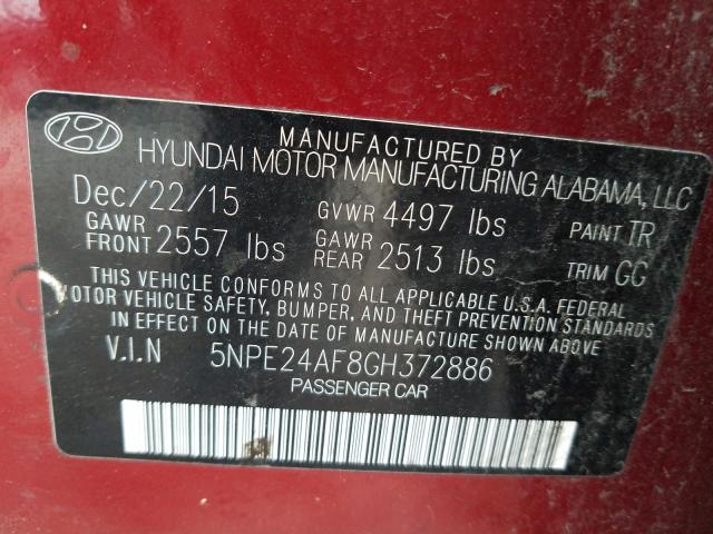 Photo 9 VIN: 5NPE24AF8GH372886 - HYUNDAI SONATA SE 