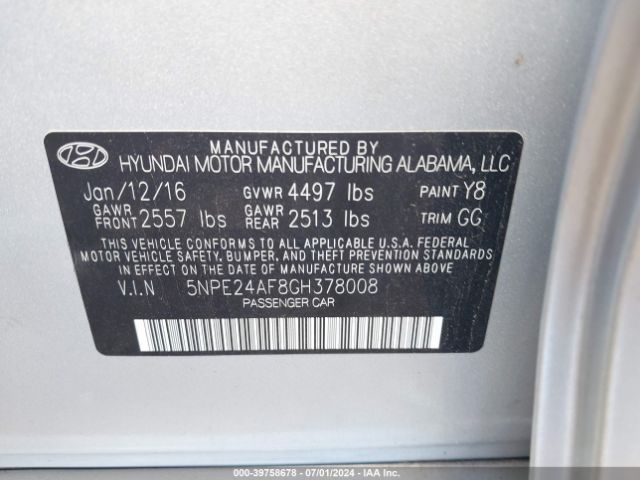 Photo 8 VIN: 5NPE24AF8GH378008 - HYUNDAI SONATA 