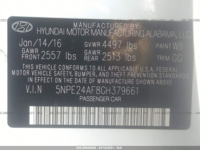 Photo 8 VIN: 5NPE24AF8GH379661 - HYUNDAI SONATA 