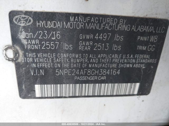 Photo 8 VIN: 5NPE24AF8GH384164 - HYUNDAI SONATA 