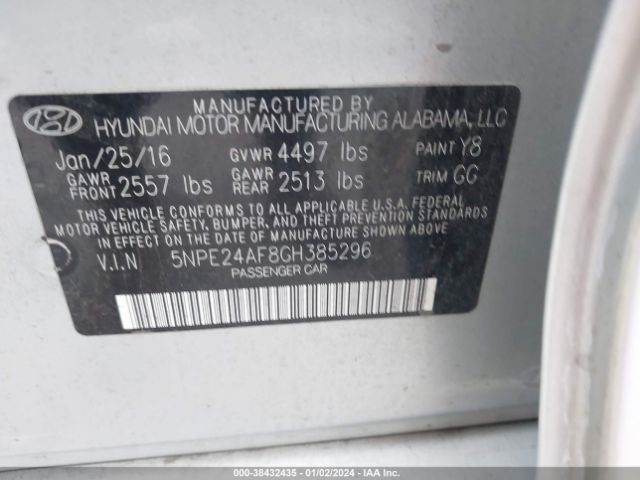 Photo 8 VIN: 5NPE24AF8GH385296 - HYUNDAI SONATA 