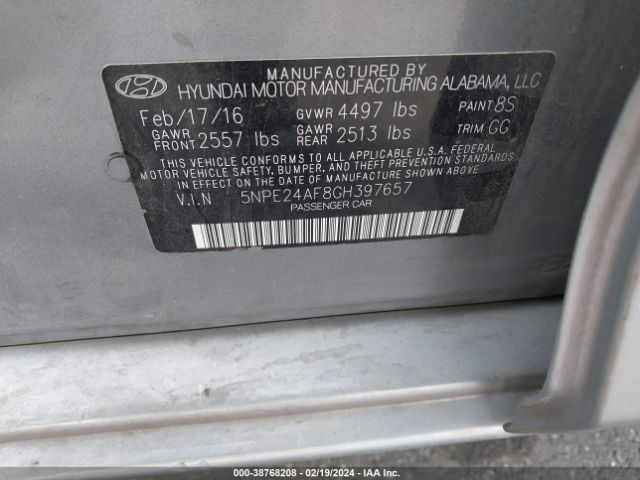 Photo 8 VIN: 5NPE24AF8GH397657 - HYUNDAI SONATA 