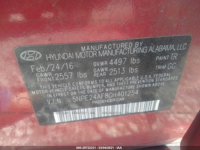 Photo 8 VIN: 5NPE24AF8GH401254 - HYUNDAI SONATA 