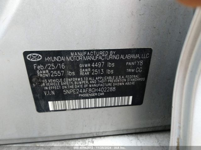 Photo 8 VIN: 5NPE24AF8GH402288 - HYUNDAI SONATA 