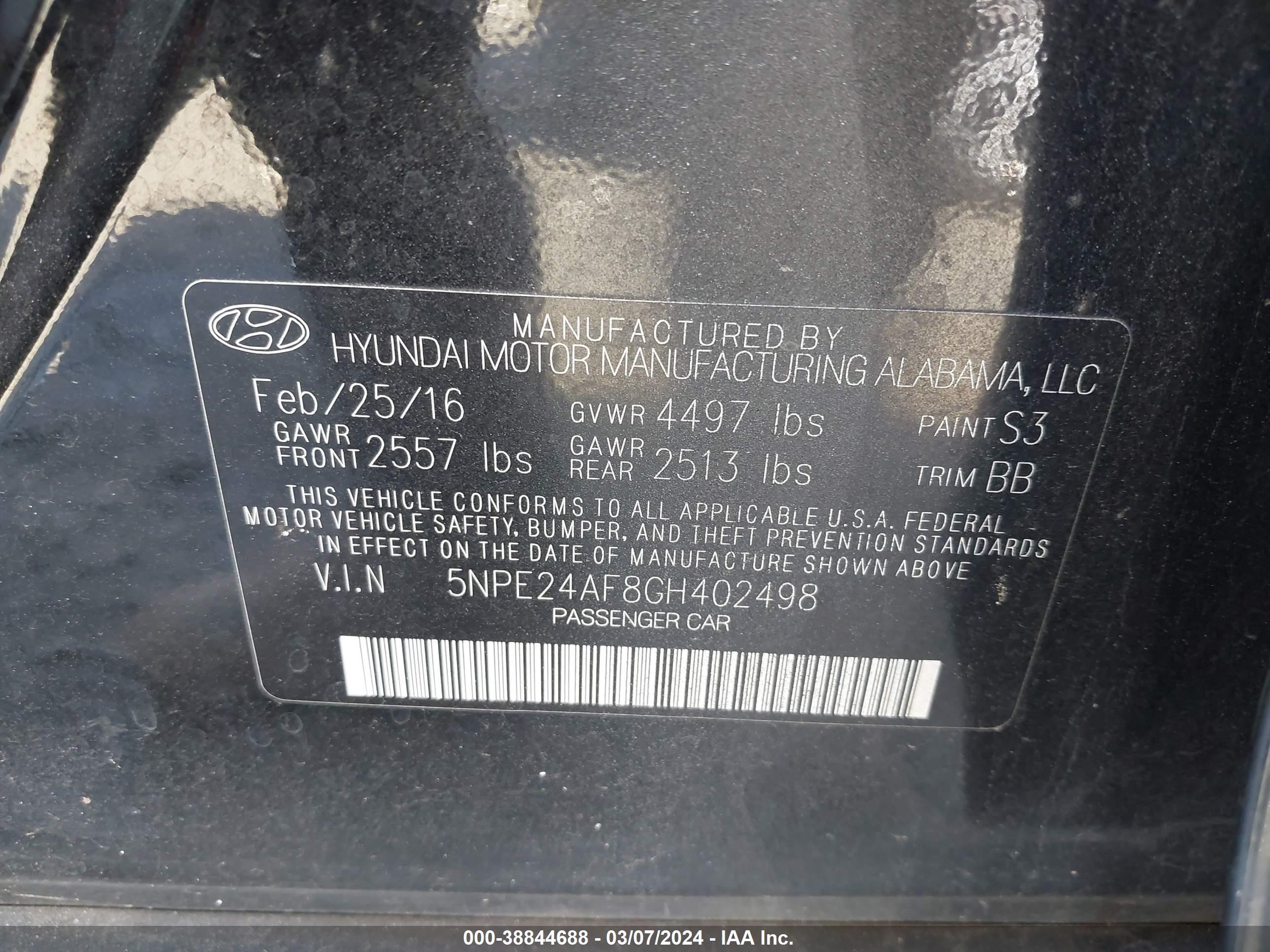 Photo 8 VIN: 5NPE24AF8GH402498 - HYUNDAI SONATA 