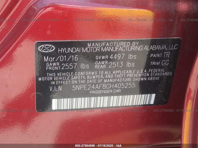 Photo 8 VIN: 5NPE24AF8GH405255 - HYUNDAI SONATA 