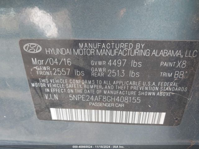 Photo 8 VIN: 5NPE24AF8GH408155 - HYUNDAI SONATA 