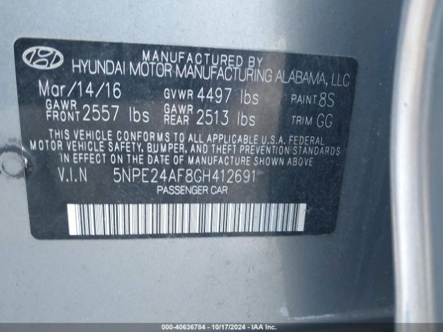 Photo 8 VIN: 5NPE24AF8GH412691 - HYUNDAI SONATA 