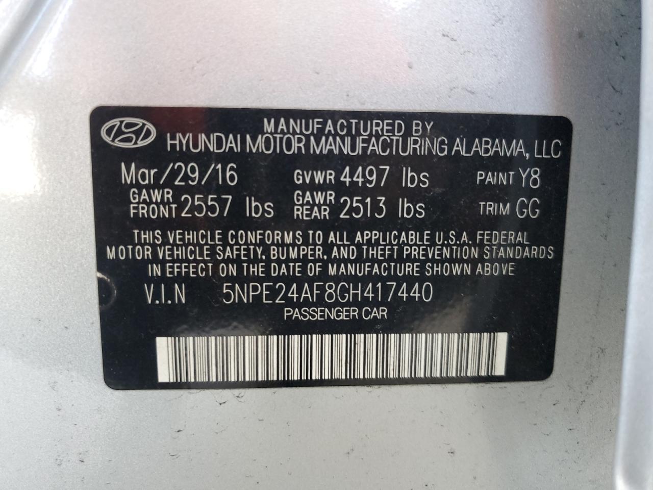 Photo 11 VIN: 5NPE24AF8GH417440 - HYUNDAI SONATA 