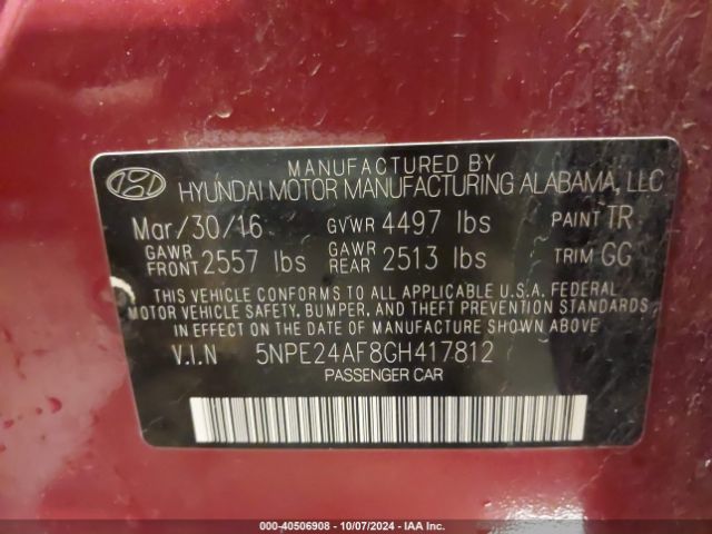 Photo 8 VIN: 5NPE24AF8GH417812 - HYUNDAI SONATA 