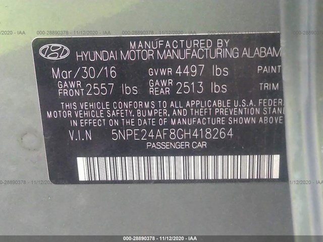 Photo 8 VIN: 5NPE24AF8GH418264 - HYUNDAI SONATA 