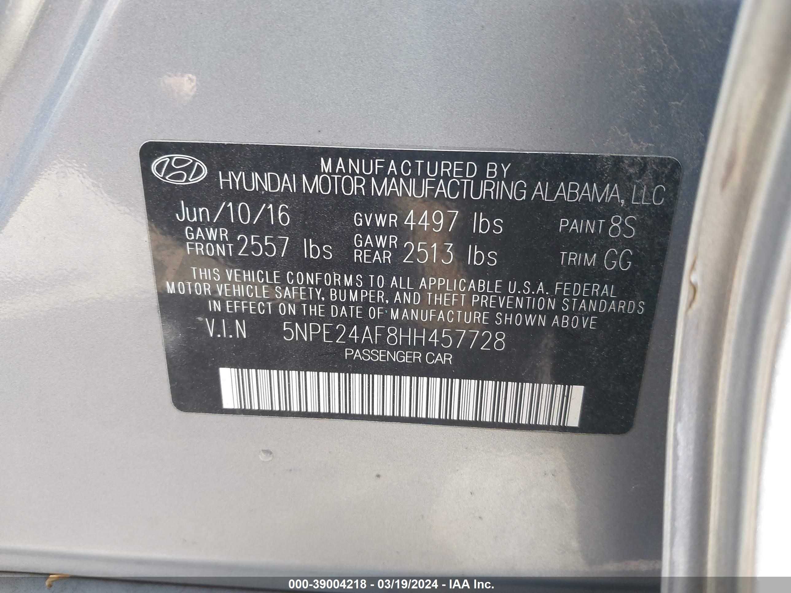 Photo 8 VIN: 5NPE24AF8HH457728 - HYUNDAI SONATA 