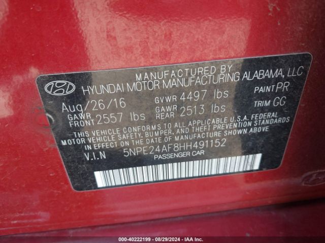 Photo 8 VIN: 5NPE24AF8HH491152 - HYUNDAI SONATA 