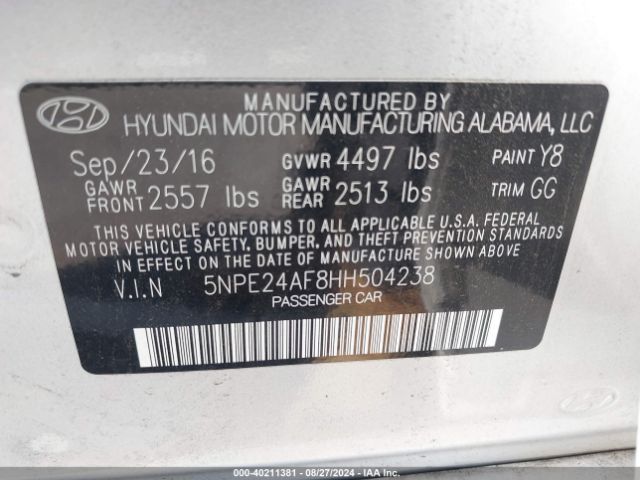 Photo 8 VIN: 5NPE24AF8HH504238 - HYUNDAI SONATA 