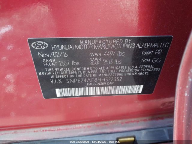 Photo 8 VIN: 5NPE24AF8HH522352 - HYUNDAI SONATA 