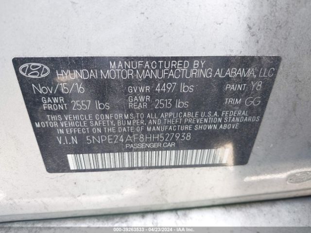 Photo 8 VIN: 5NPE24AF8HH527938 - HYUNDAI SONATA 