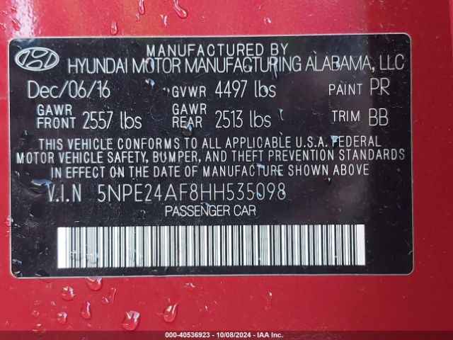 Photo 8 VIN: 5NPE24AF8HH535098 - HYUNDAI SONATA 