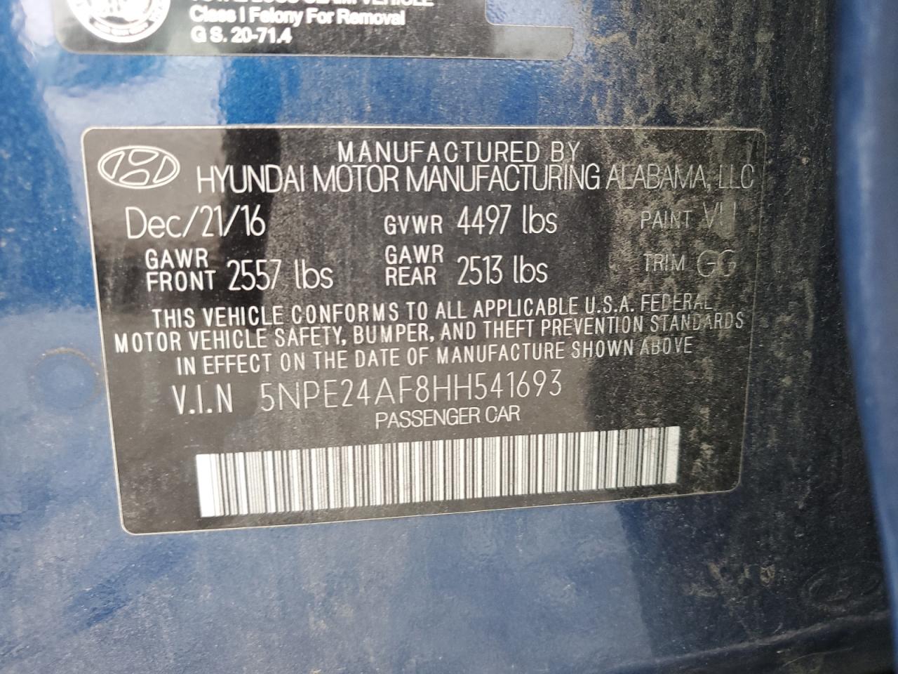 Photo 11 VIN: 5NPE24AF8HH541693 - HYUNDAI SONATA 