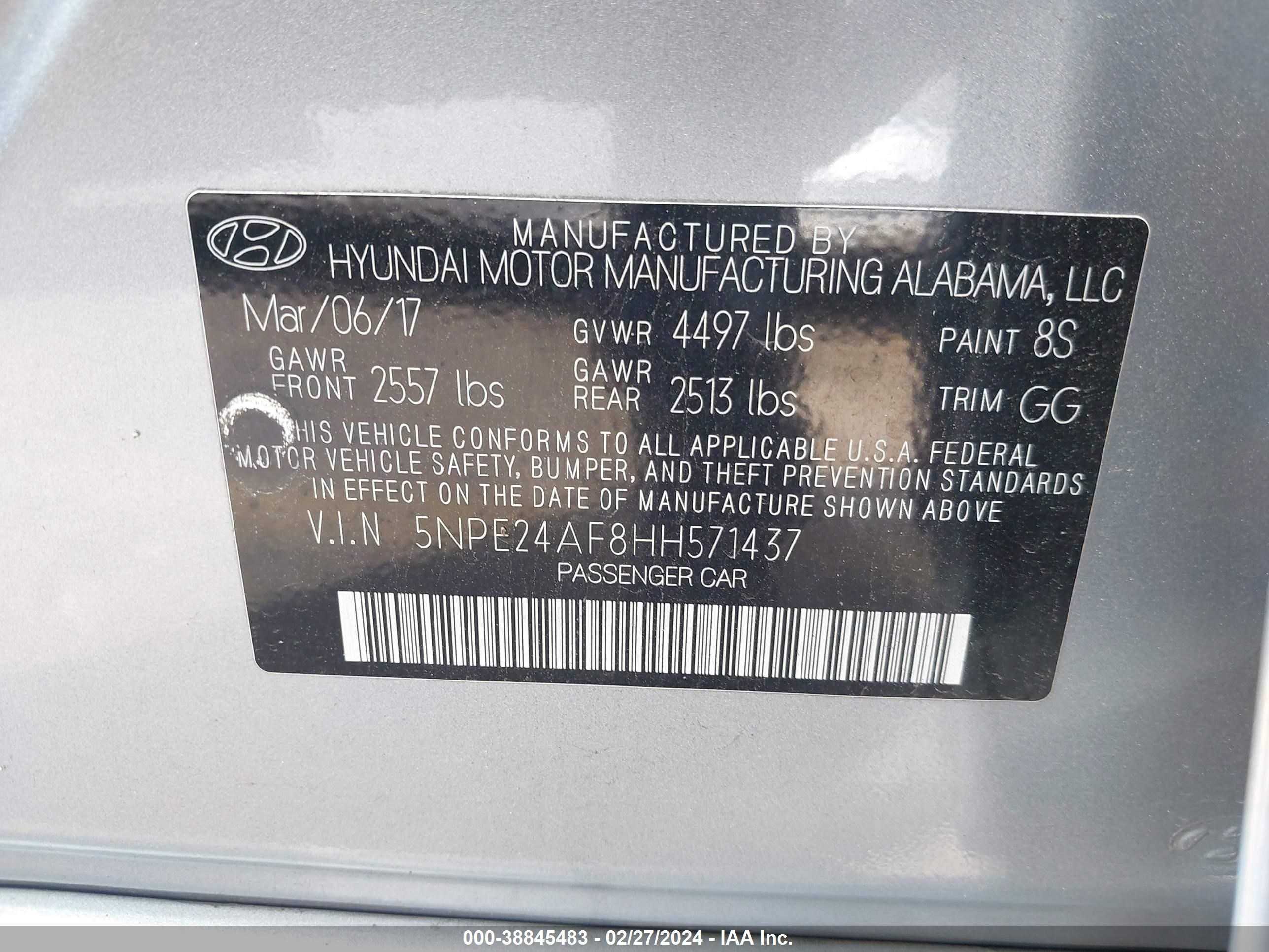 Photo 8 VIN: 5NPE24AF8HH571437 - HYUNDAI SONATA 