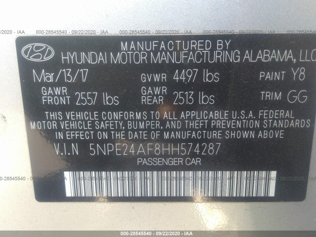 Photo 8 VIN: 5NPE24AF8HH574287 - HYUNDAI SONATA 