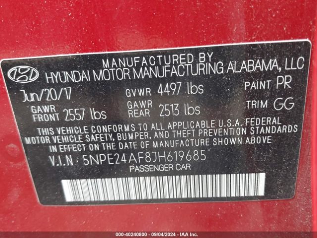 Photo 8 VIN: 5NPE24AF8JH619685 - HYUNDAI SONATA 