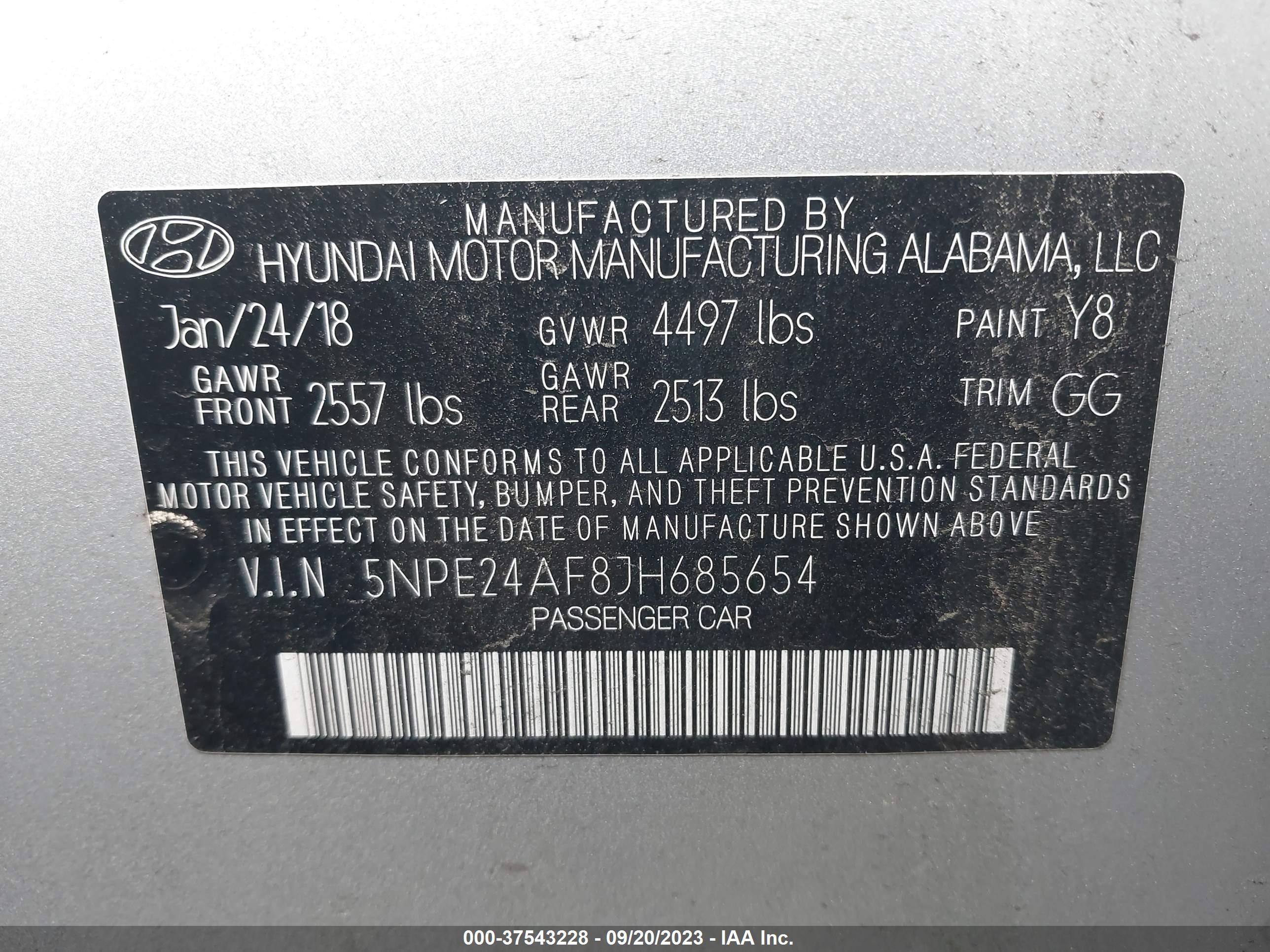 Photo 8 VIN: 5NPE24AF8JH685654 - HYUNDAI SONATA 