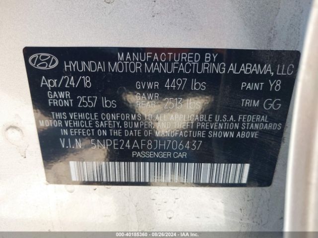 Photo 8 VIN: 5NPE24AF8JH706437 - HYUNDAI SONATA 