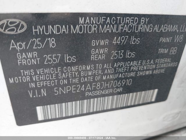 Photo 8 VIN: 5NPE24AF8JH706910 - HYUNDAI SONATA 