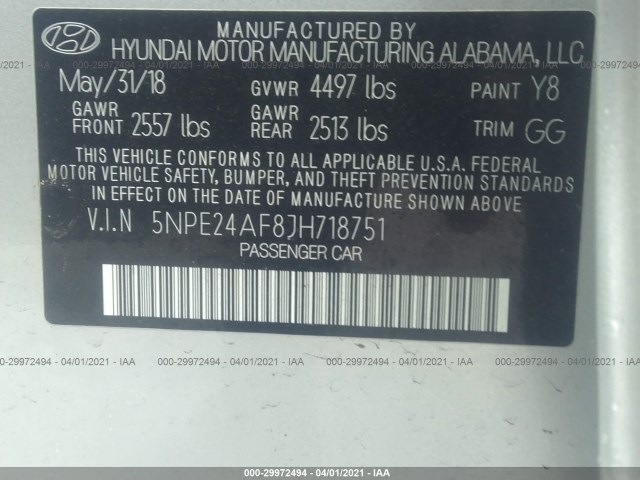 Photo 8 VIN: 5NPE24AF8JH718751 - HYUNDAI SONATA 