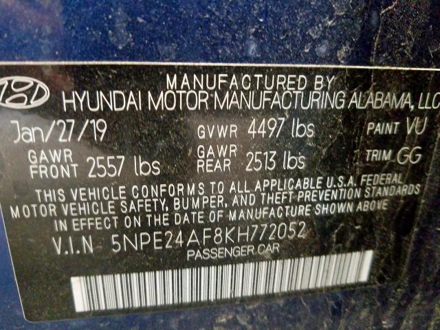 Photo 9 VIN: 5NPE24AF8KH772052 - HYUNDAI SONATA SE 