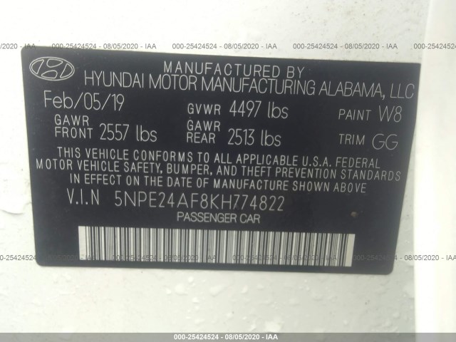 Photo 8 VIN: 5NPE24AF8KH774822 - HYUNDAI SONATA 