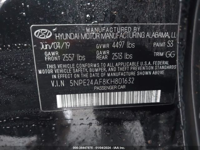 Photo 8 VIN: 5NPE24AF8KH801632 - HYUNDAI SONATA 