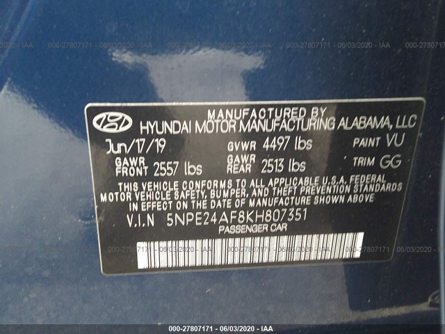 Photo 8 VIN: 5NPE24AF8KH807351 - HYUNDAI SONATA 