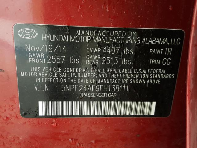 Photo 9 VIN: 5NPE24AF9FH138111 - HYUNDAI SONATA SE 