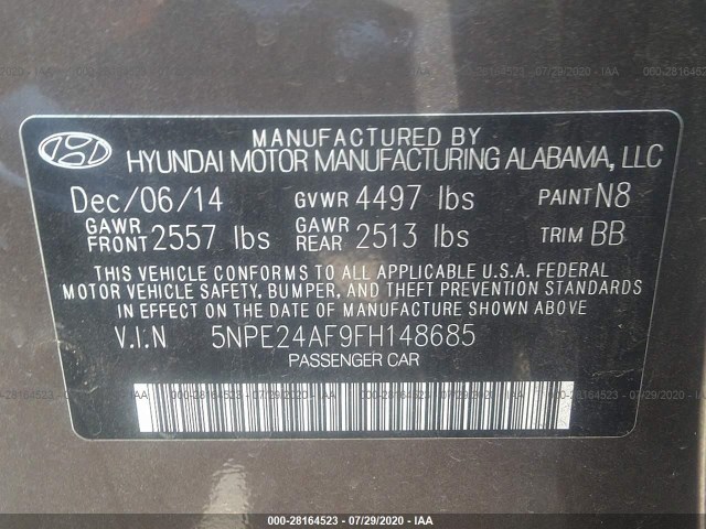 Photo 8 VIN: 5NPE24AF9FH148685 - HYUNDAI SONATA 