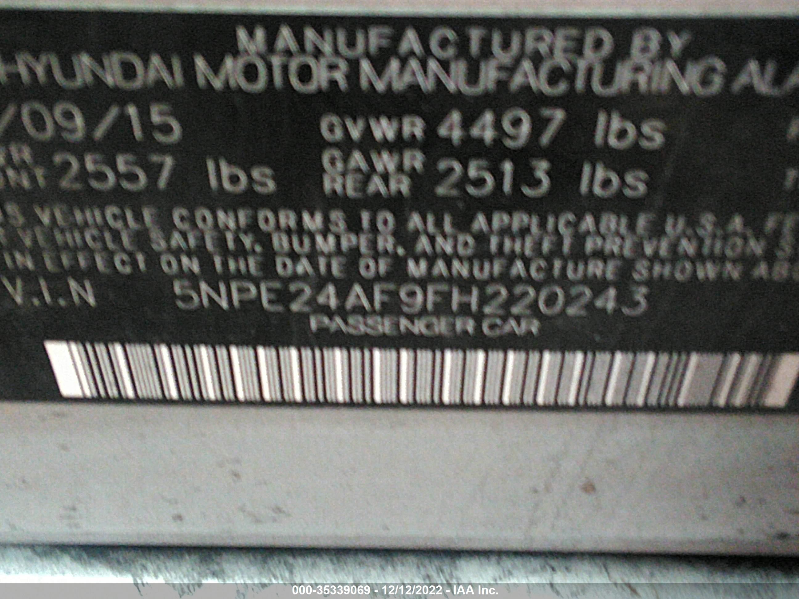 Photo 8 VIN: 5NPE24AF9FH220243 - HYUNDAI SONATA 