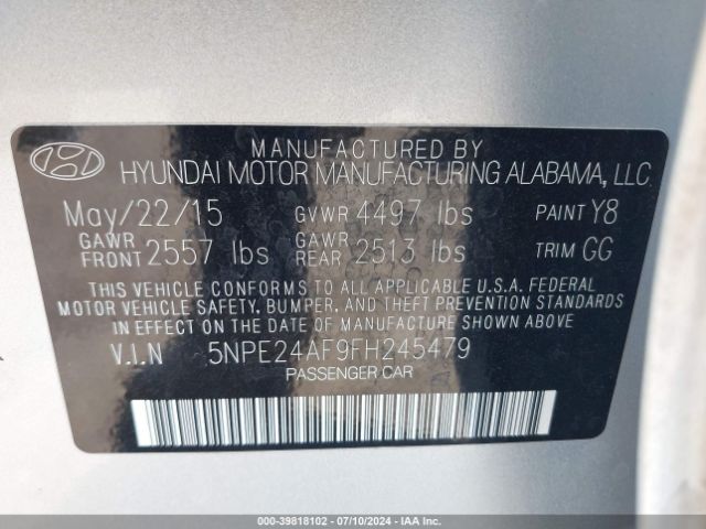 Photo 8 VIN: 5NPE24AF9FH245479 - HYUNDAI SONATA 