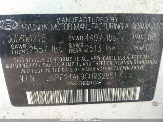 Photo 8 VIN: 5NPE24AF9GH262851 - HYUNDAI SONATA 