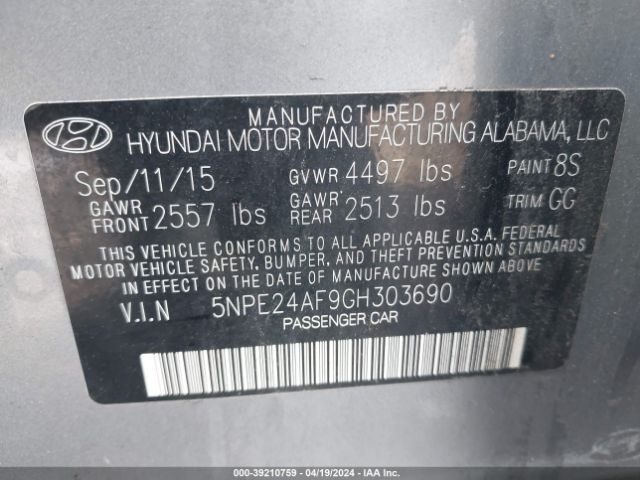 Photo 8 VIN: 5NPE24AF9GH303690 - HYUNDAI SONATA 