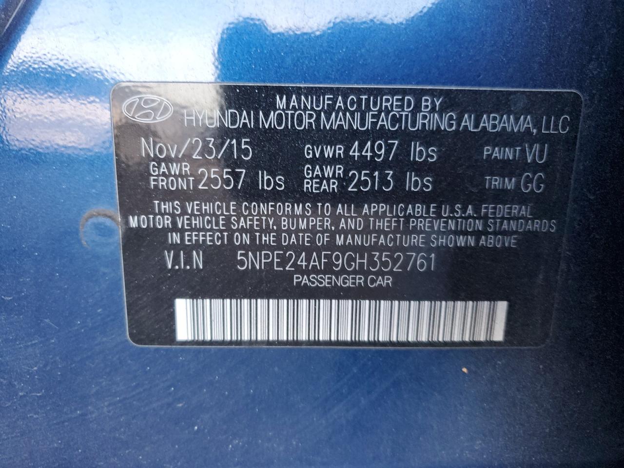 Photo 11 VIN: 5NPE24AF9GH352761 - HYUNDAI SONATA 