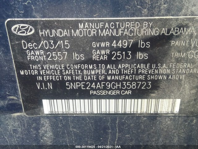 Photo 8 VIN: 5NPE24AF9GH358723 - HYUNDAI SONATA 