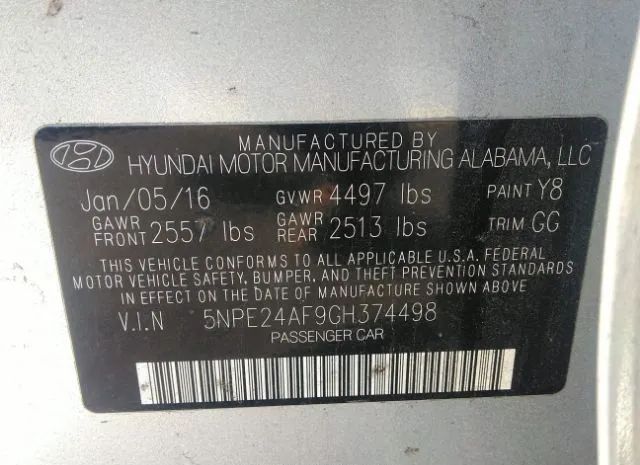 Photo 8 VIN: 5NPE24AF9GH374498 - HYUNDAI SONATA 