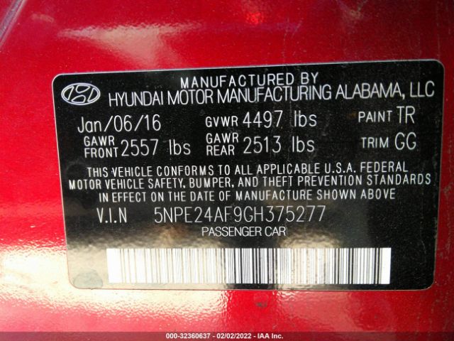 Photo 8 VIN: 5NPE24AF9GH375277 - HYUNDAI SONATA 