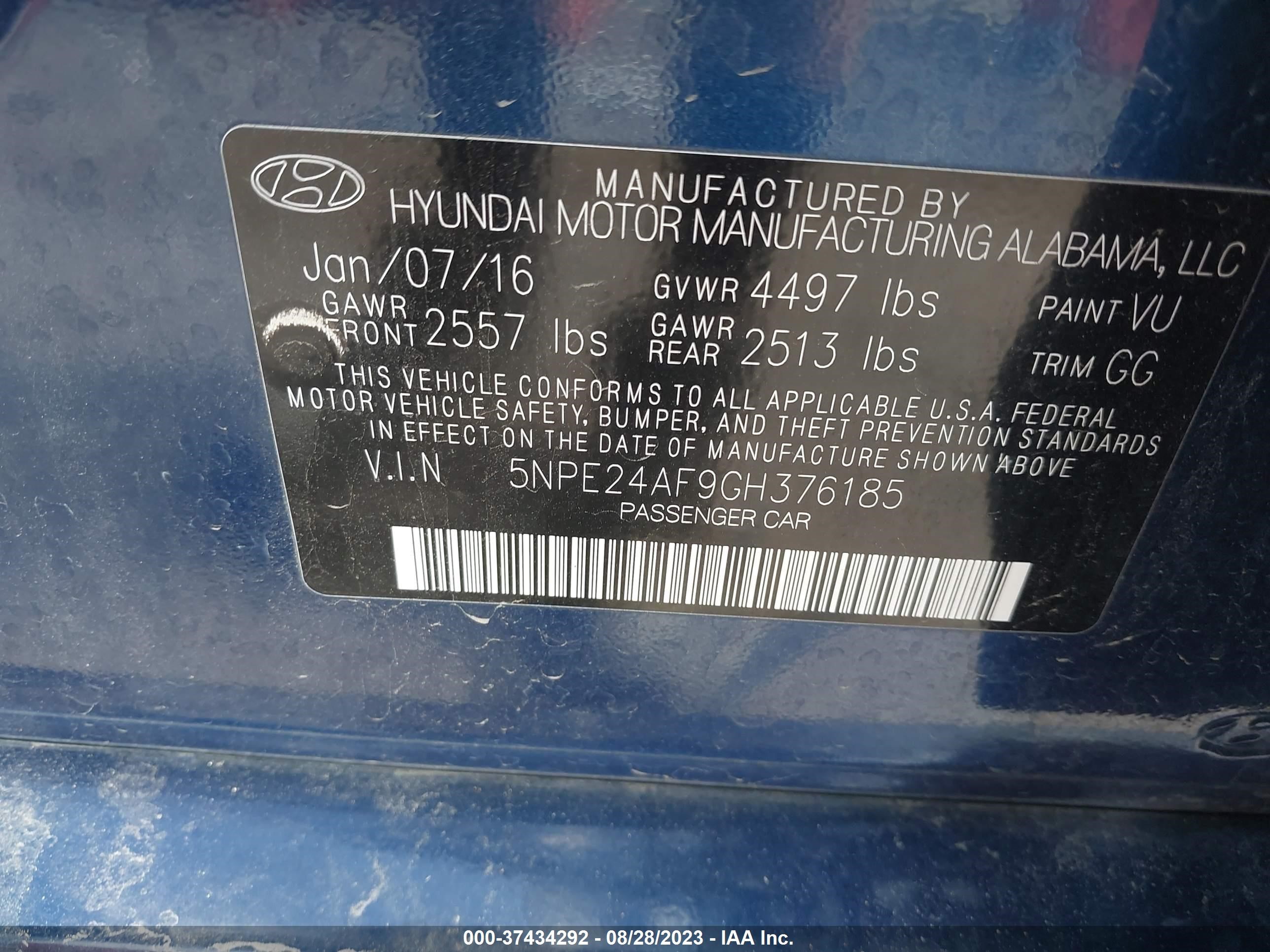 Photo 8 VIN: 5NPE24AF9GH376185 - HYUNDAI SONATA 